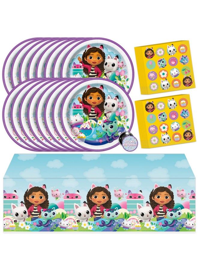 Gabby Dollhouse Party Supplies ; Gabby Dollhouse Party Supplies ; Gabby Doll House Party Supplies ; Officially Licensed ; Tablecover Plates Napkins Button ; Serves 16 Guests