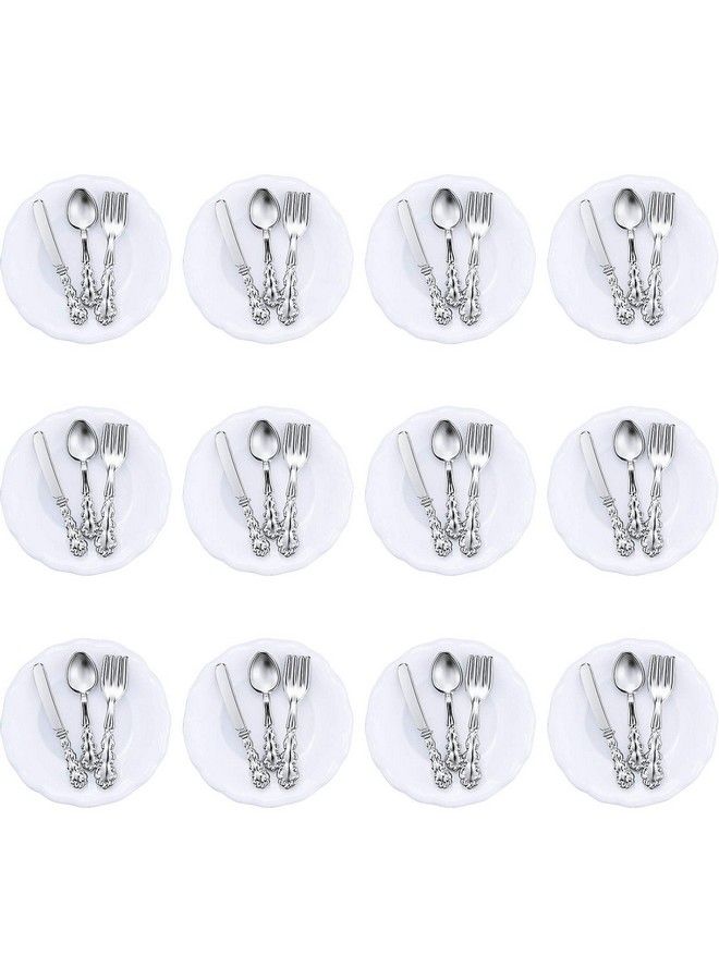 12 Pieces 1:12 Scale Miniature Plates And 12 Pieces Knives Forks Spoons Metal Tableware Dollhouse Miniatures Porcelain Plate Set Dollhouse Kitchen Accessories Dollhouse Decoration Accessories