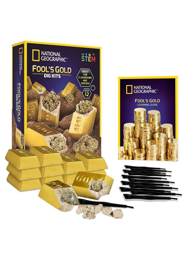 Fool’S Gold Dig Kit 12 Gold Bar Dig Bricks With 2 3 Pyrite Specimens Inside Party Activity With 12 Excavation Tool Sets Great Stem Toy For Boys & Girls Or Party Favors