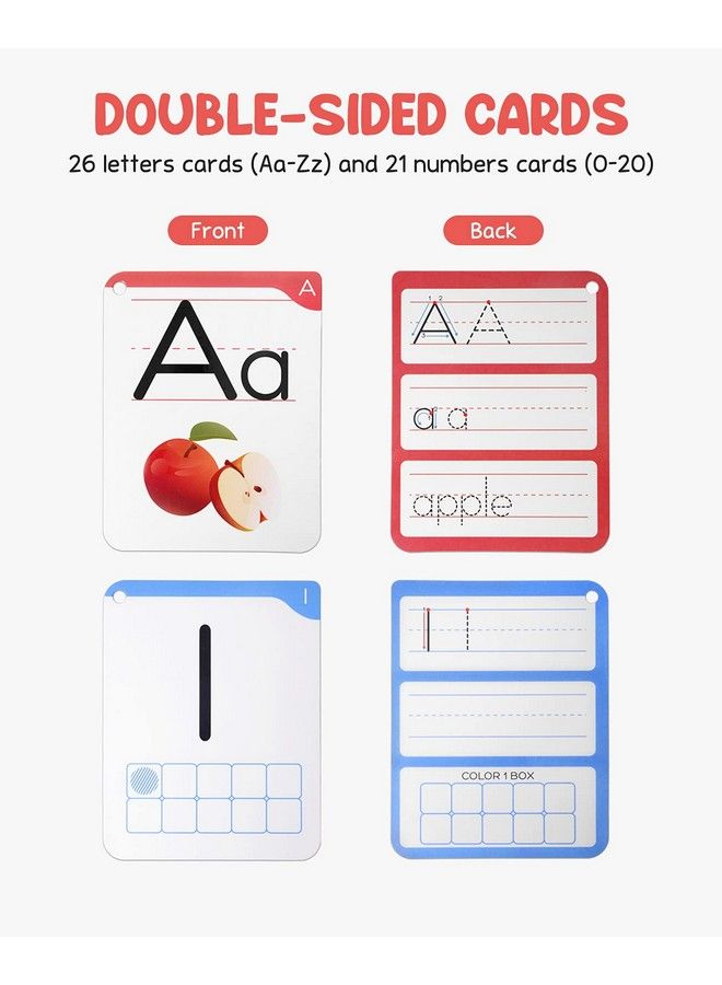 Dry Erase Alphabet And Number Flash Cards Write And Wipe Laminated Abc Letter Tracing Practice Card For Kindergarten (47 Flashcards With 2 Rings And Marker)