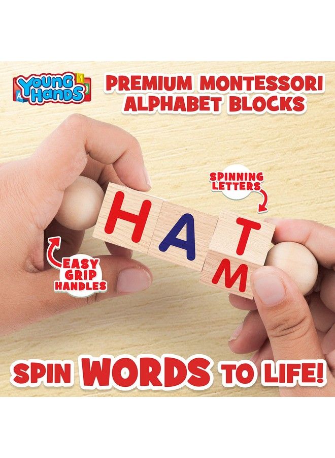 Wooden Reading Blocks Set Of 5 Spinning Alphabet Blocks W/ Easy Grip Handles Kindergarten Preschool Learning Activities Letter Work Wooden Montessori Toys Gifts For Kids Toddlers