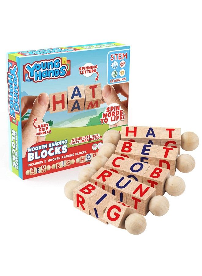 Wooden Reading Blocks Set Of 5 Spinning Alphabet Blocks W/ Easy Grip Handles Kindergarten Preschool Learning Activities Letter Work Wooden Montessori Toys Gifts For Kids Toddlers