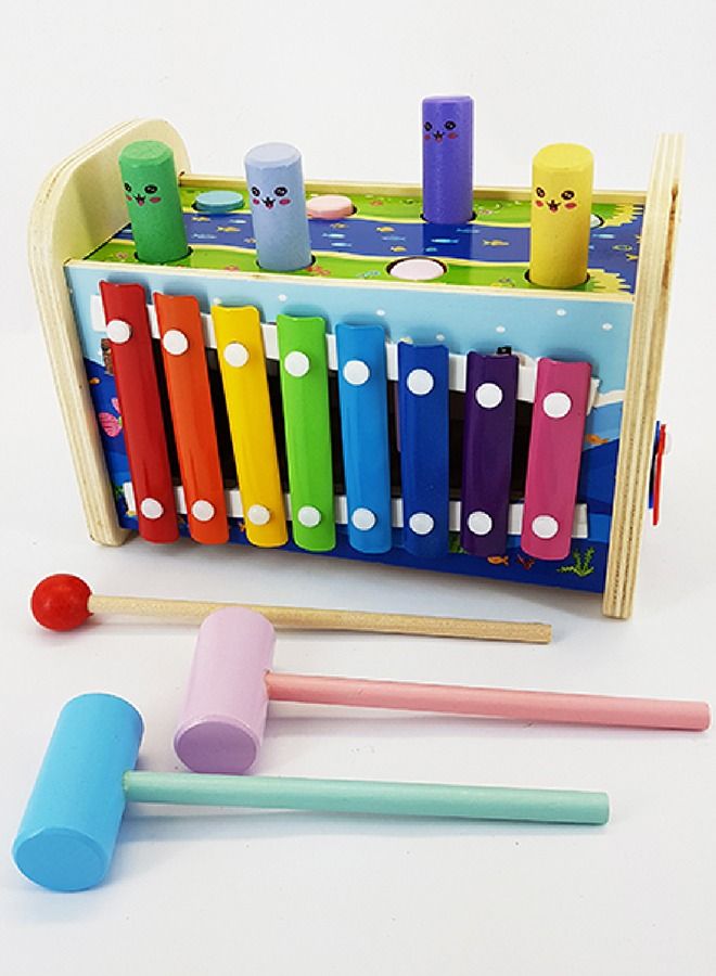 3 In 1 Wooden Hammering Pounding Bench Toy For Kids With Xylophone Clock Hammer Toy Pounding Bench Musical Instrument Toy Montessori Early Learning Development Educational Hammer Toy For Kids