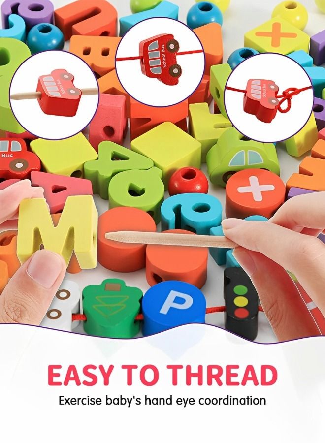 Montessori Educational Threading Toys Wooden Stringing 75 Traffic Numeral Letter Beads,preschool Stringing Fine Motor Skills Toy,diy Manual Educational Toys