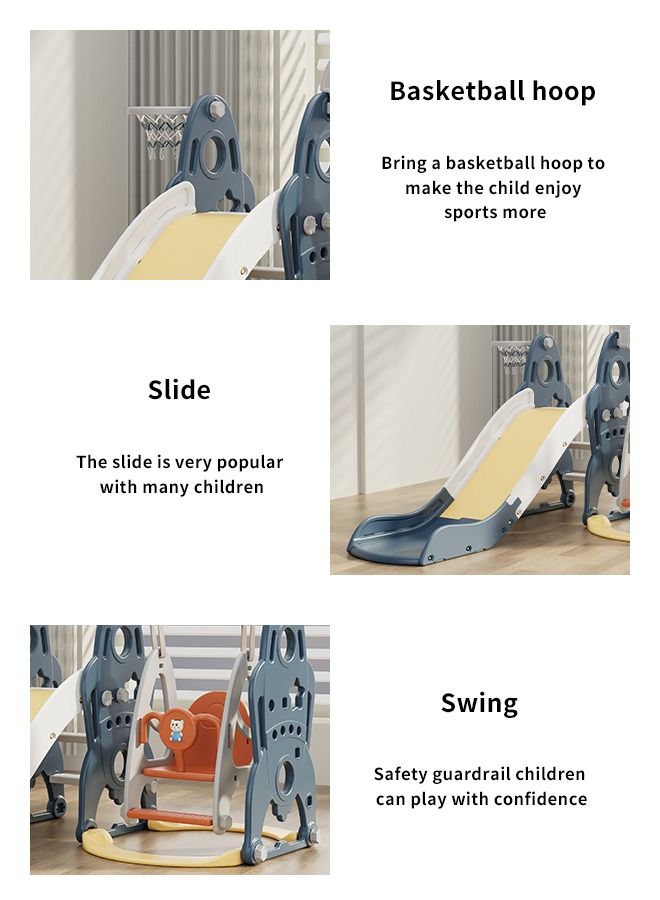 Children's Rocket Theme Three in One Slide Swing，with Basketball Frame and Extra Long Slide