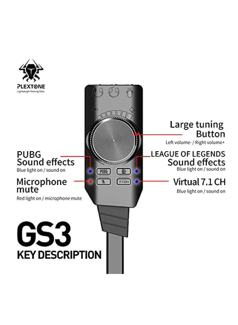 Plextone GS3 Mark II Virtual 7.1 Channel USB Sound Card Adapter, Microphone and 3.5mm Dual Headphone Audio Jack Stereo Sound Card Converter, Including PUBG and League of Legends Sound Effects