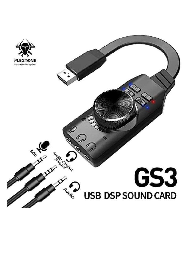 Plextone GS3 Mark II Virtual 7.1 Channel USB Sound Card Adapter, Microphone and 3.5mm Dual Headphone Audio Jack Stereo Sound Card Converter, Including PUBG and League of Legends Sound Effects