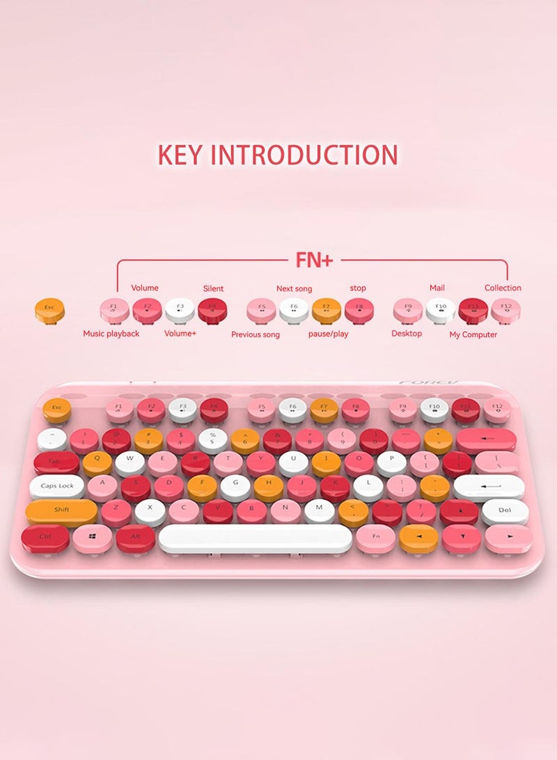 Wireless Bluetooth Keyboard, Cute Mini Compact Keyboard, Wireless Connection, Typewriter ABS Retro Round Keycaps, Matte Panel, Ergonomic Design, Suitable for PC Laptop Pink