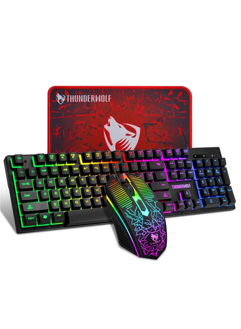 3-in-1 Gaming Keyboard Mouse Combo with Mouse Pad 104-Key Wired Gaming Keyboard with Rainbow Backlight Mouse Set for PC Gaming