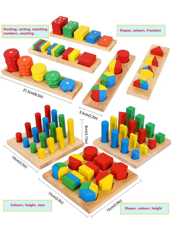 Towo Wooden Geometric Shapes Stacking Rings And Fractions Boards 8 In 1 Set Puzzles Shape Sorter Sorting Toy Stacking Game Montessori Materials Educational Learning Toys For 3 4 5 6 Years