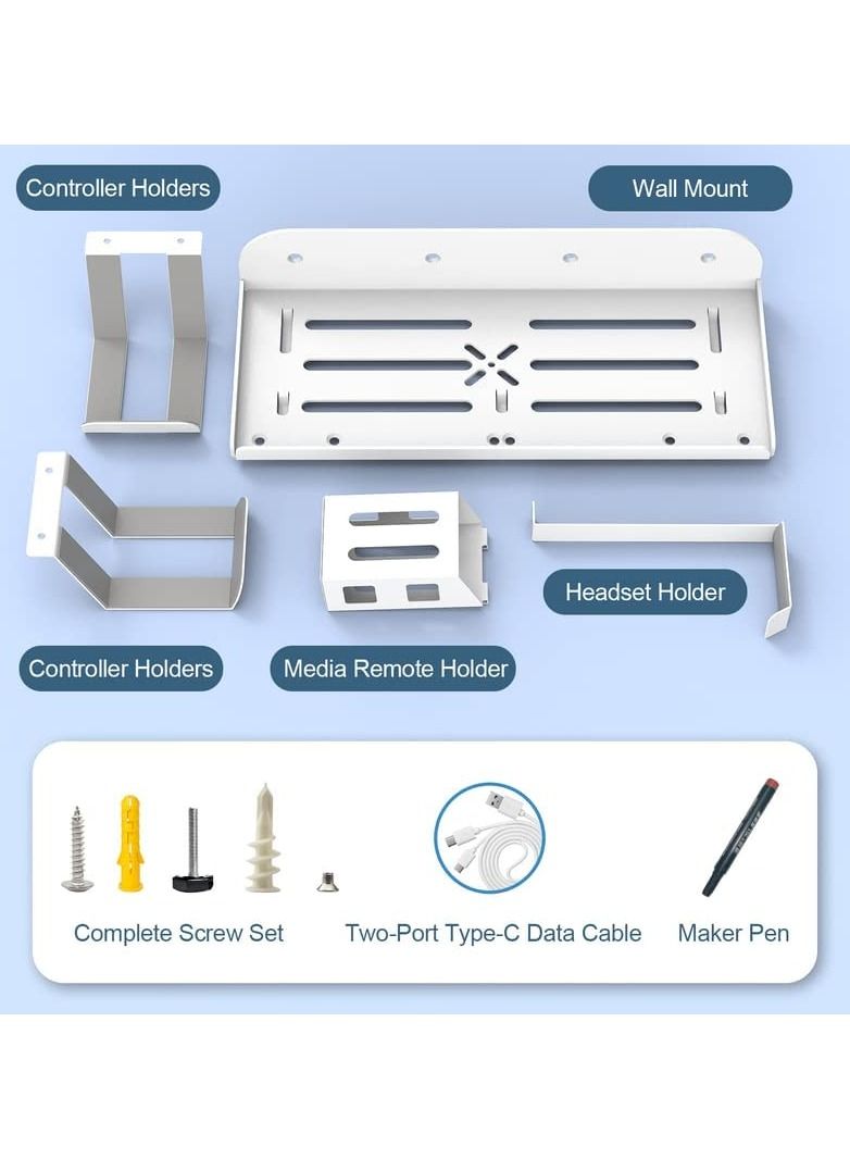 White 6-in-1 Wall Mount Kit with Charging Cable for PS5 (Disc & Digital) Metal Wall Stand with 2 Detachable Controller Hanging Bracket / Remote Box / Headset Hanger with Non-Slip Mat