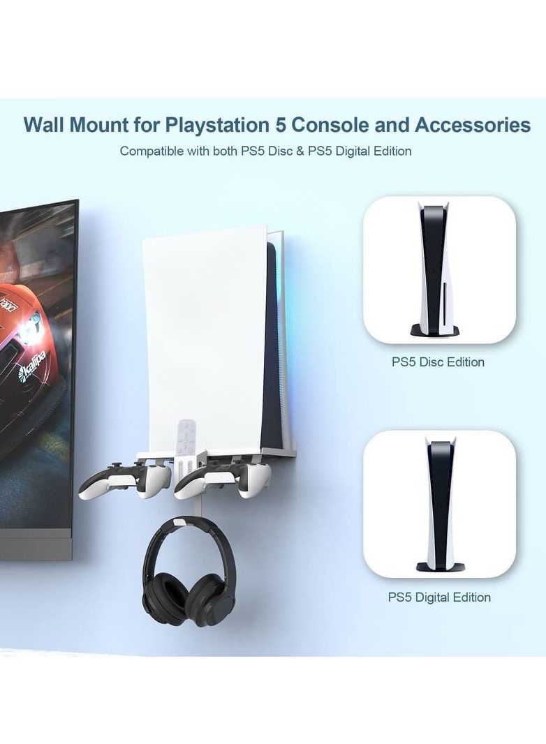 White 6-in-1 Wall Mount Kit with Charging Cable for PS5 (Disc & Digital) Metal Wall Stand with 2 Detachable Controller Hanging Bracket / Remote Box / Headset Hanger with Non-Slip Mat