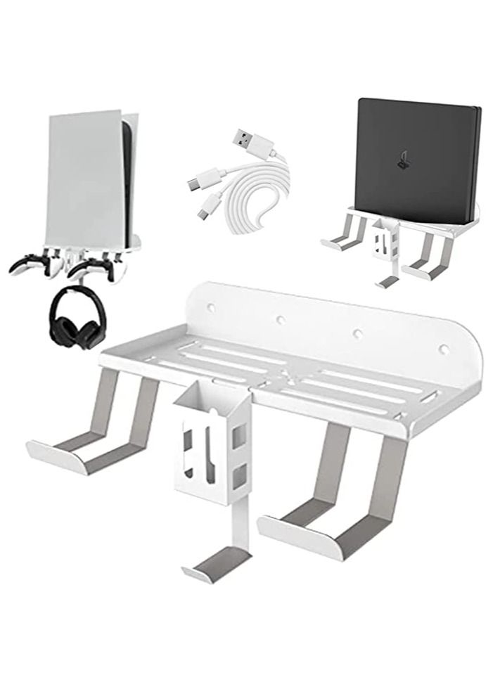 White 6-in-1 Wall Mount Kit with Charging Cable for PS5 (Disc & Digital) Metal Wall Stand with 2 Detachable Controller Hanging Bracket / Remote Box / Headset Hanger with Non-Slip Mat
