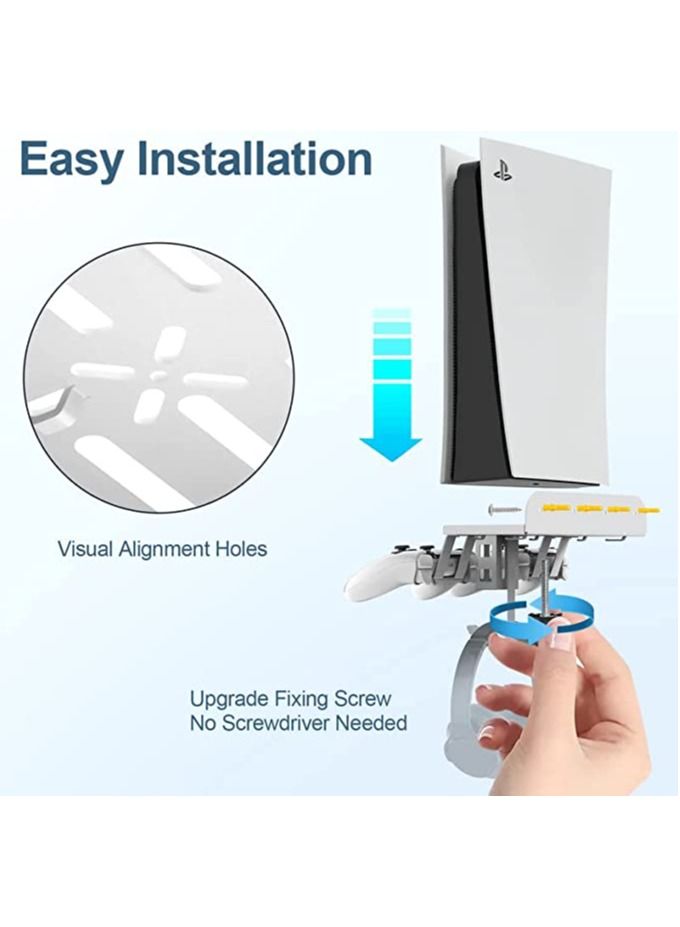 White 6-in-1 Wall Mount Kit with Charging Cable for PS5 (Disc & Digital) Metal Wall Stand with 2 Detachable Controller Hanging Bracket / Remote Box / Headset Hanger with Non-Slip Mat
