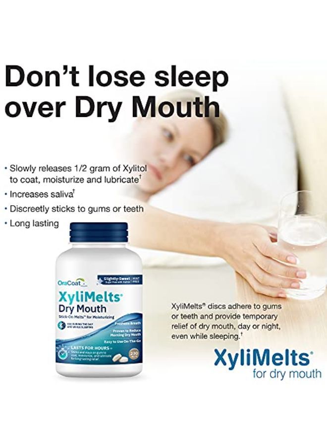 Xylimelts Dry Mouth Relief Oral Adhering Discs Slightly Sweet With Xylitol, For Dry Mouth, Stimulates Saliva, Non-Acidic, Day And Night Use, Time Release For Up To 8 Hours, 230 Count