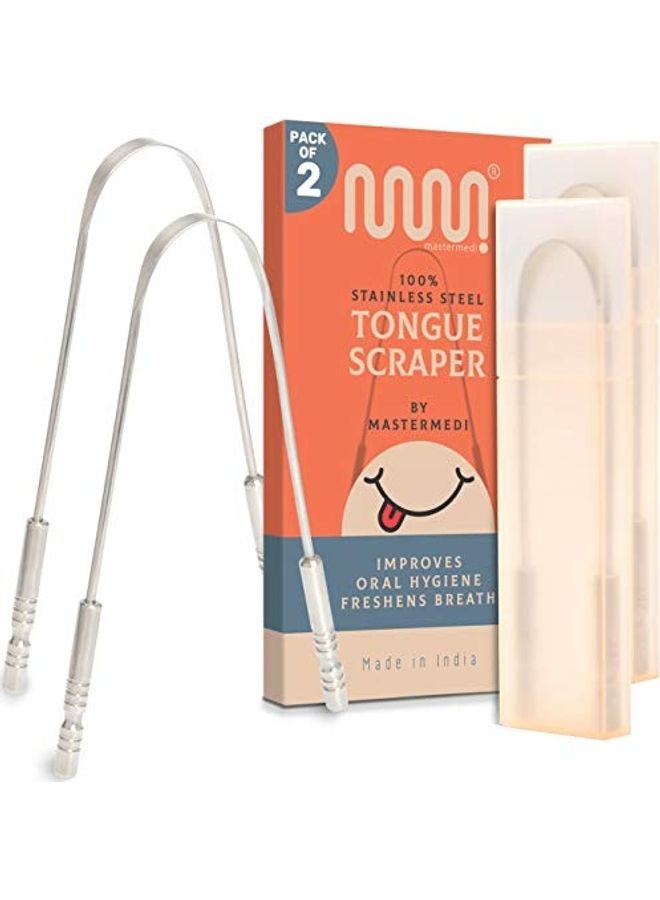 Pack of 2 Stainless Steel Tongue Scraper with Travel Case Silver/Beige/White
