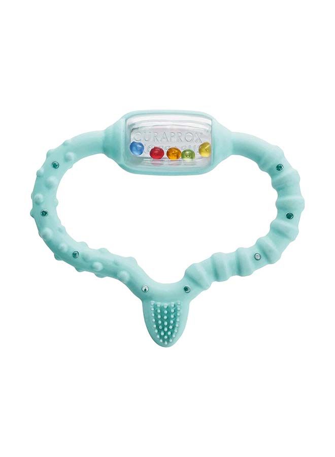 Curaprox teething ring for babies, turquoise baby teething ring with rattle, baby teething ring with learning toothbrush, teething ring for babies for teething, BPA free, turquoise, 1 pc.