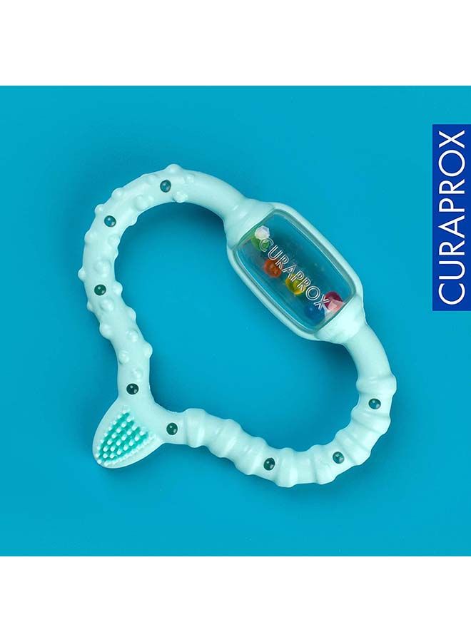 Curaprox teething ring for babies, turquoise baby teething ring with rattle, baby teething ring with learning toothbrush, teething ring for babies for teething, BPA free, turquoise, 1 pc.