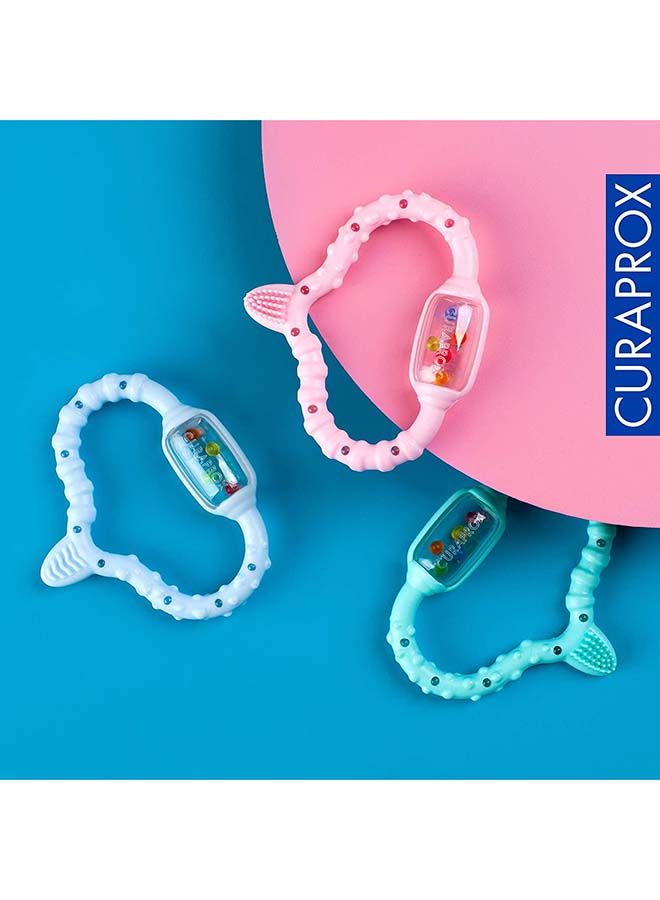 Curaprox teething ring for babies, turquoise baby teething ring with rattle, baby teething ring with learning toothbrush, teething ring for babies for teething, BPA free, turquoise, 1 pc.