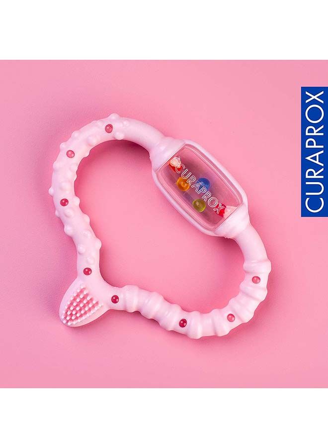 Curaprox teething ring for babies, pink baby teething ring with rattle, baby teething ring with learning toothbrush, teething ring for babies for teething, BPA free, pink, 1 pc.