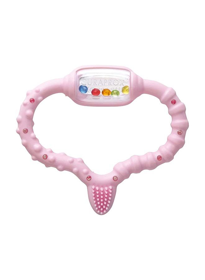 Curaprox teething ring for babies, pink baby teething ring with rattle, baby teething ring with learning toothbrush, teething ring for babies for teething, BPA free, pink, 1 pc.