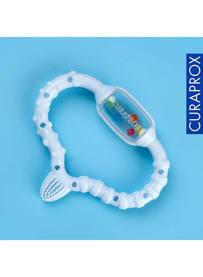 Curaprox teething ring for babies, blue baby teething ring with rattle, baby teething ring with learning toothbrush, teething ring for babies for teething, BPA free, blue, 1 pc.