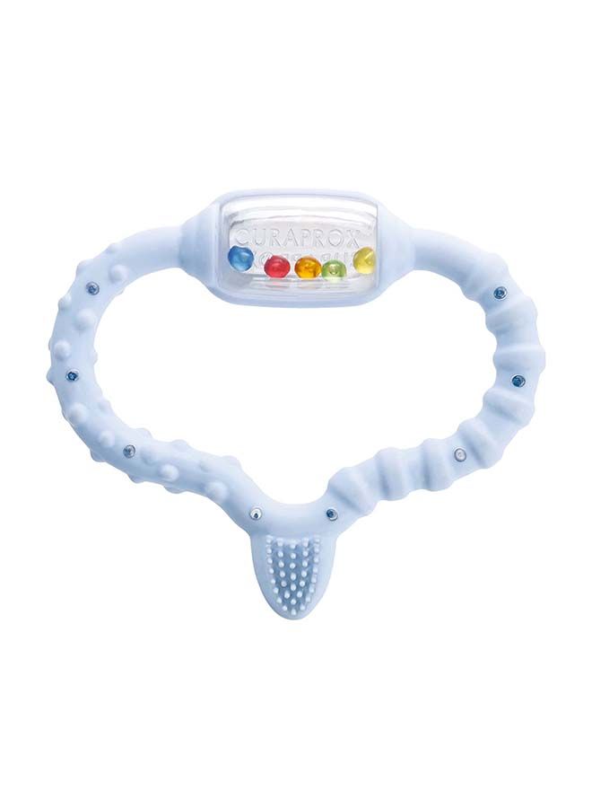 Curaprox teething ring for babies, blue baby teething ring with rattle, baby teething ring with learning toothbrush, teething ring for babies for teething, BPA free, blue, 1 pc.