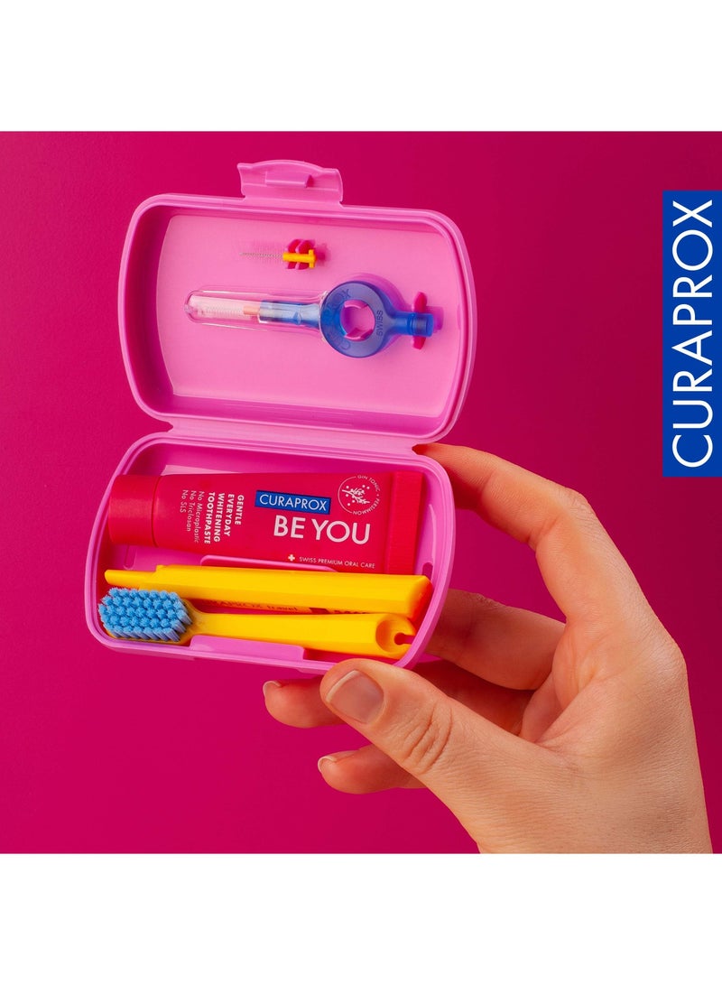 Curaprox Travel-Set Pink. Set includes Travel Toothbrush CS 5460, 10ml Be You Toothpaste, Interdental Brush CPS prime 07, CPS prime 09.