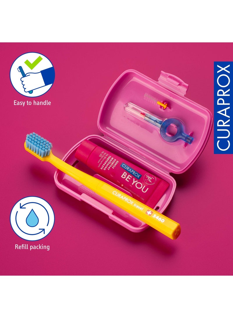 Curaprox Travel-Set Pink. Set includes Travel Toothbrush CS 5460, 10ml Be You Toothpaste, Interdental Brush CPS prime 07, CPS prime 09.