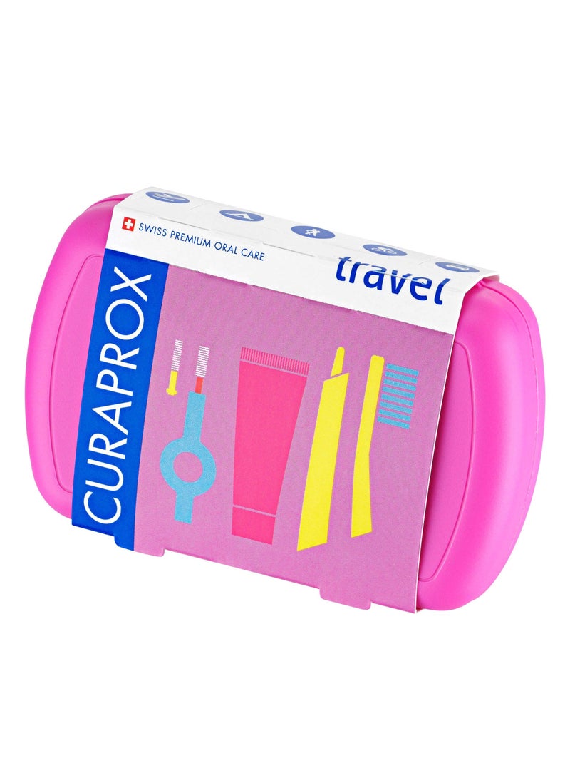 Curaprox Travel-Set Pink. Set includes Travel Toothbrush CS 5460, 10ml Be You Toothpaste, Interdental Brush CPS prime 07, CPS prime 09.