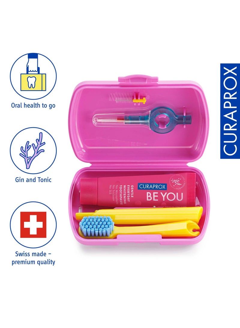 Curaprox Travel-Set Pink. Set includes Travel Toothbrush CS 5460, 10ml Be You Toothpaste, Interdental Brush CPS prime 07, CPS prime 09.