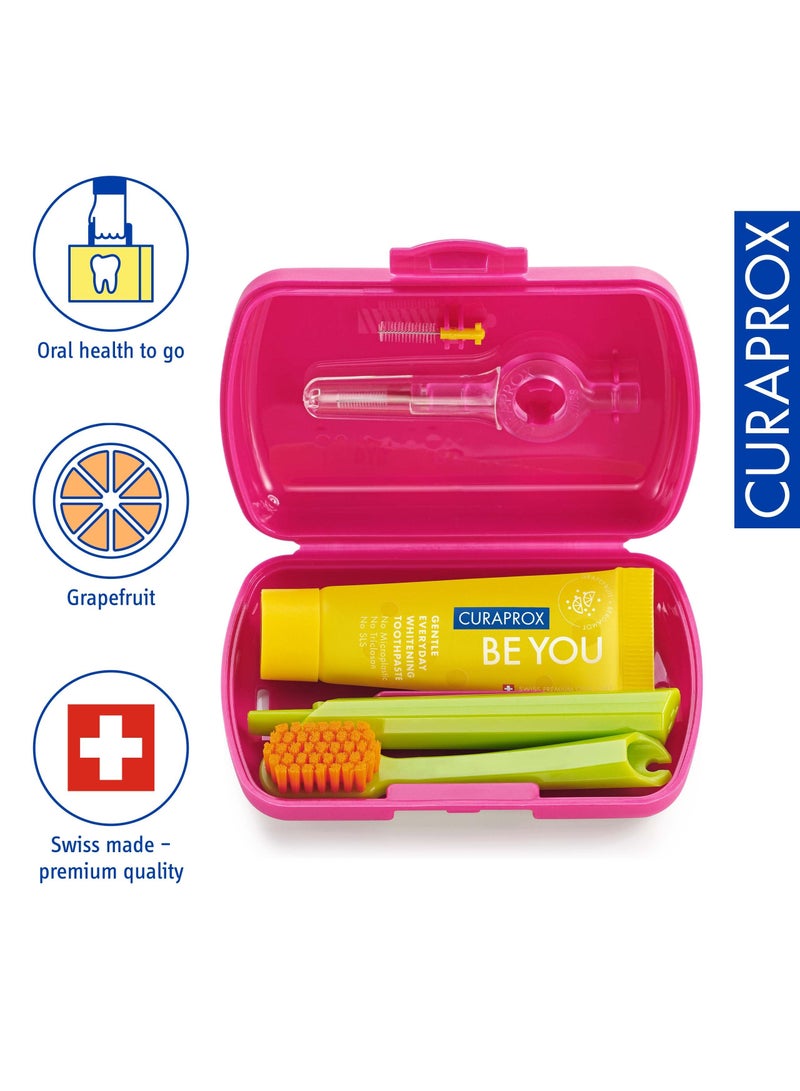 Curaprox Travel-Set Magenta. Set includes Travel Toothbrush CS 5460, 10ml Be You Toothpaste, Interdental Brush CPS prime 07, CPS prime 09.