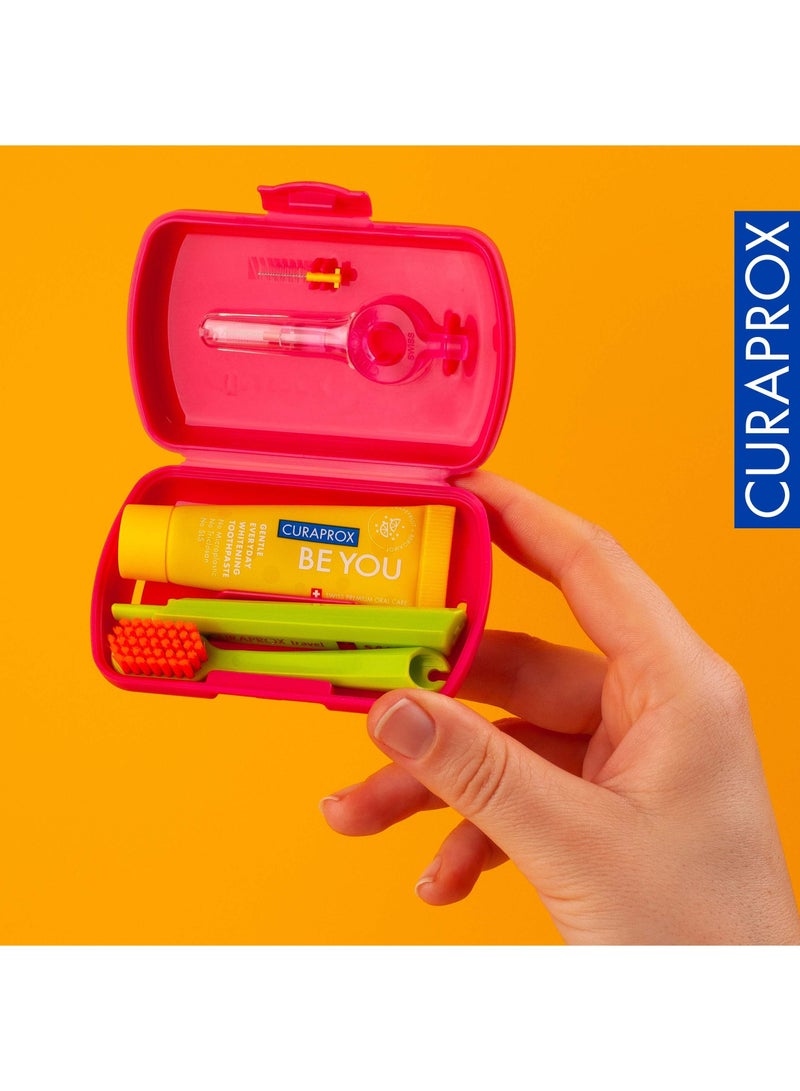 Curaprox Travel-Set Magenta. Set includes Travel Toothbrush CS 5460, 10ml Be You Toothpaste, Interdental Brush CPS prime 07, CPS prime 09.