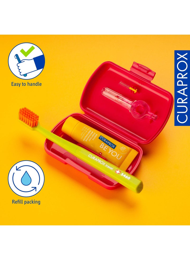 Curaprox Travel-Set Magenta. Set includes Travel Toothbrush CS 5460, 10ml Be You Toothpaste, Interdental Brush CPS prime 07, CPS prime 09.