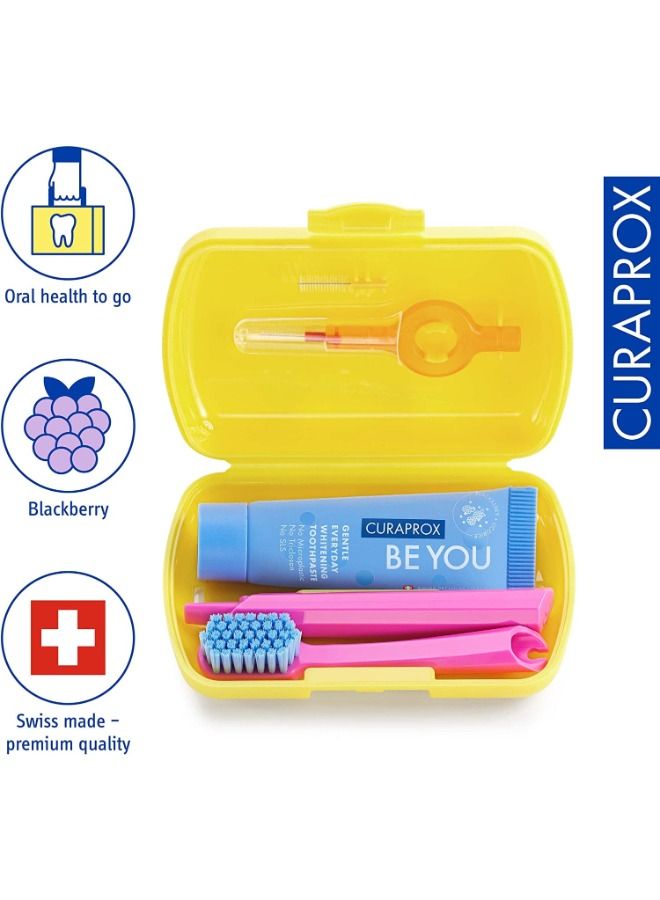 Curaprox Travel-Set Yellow. Set includes Travel Toothbrush CS 5460, 10ml Be You Toothpaste, Interdental Brush CPS prime 07, CPS prime 09.