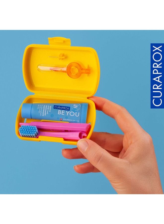 Curaprox Travel-Set Yellow. Set includes Travel Toothbrush CS 5460, 10ml Be You Toothpaste, Interdental Brush CPS prime 07, CPS prime 09.