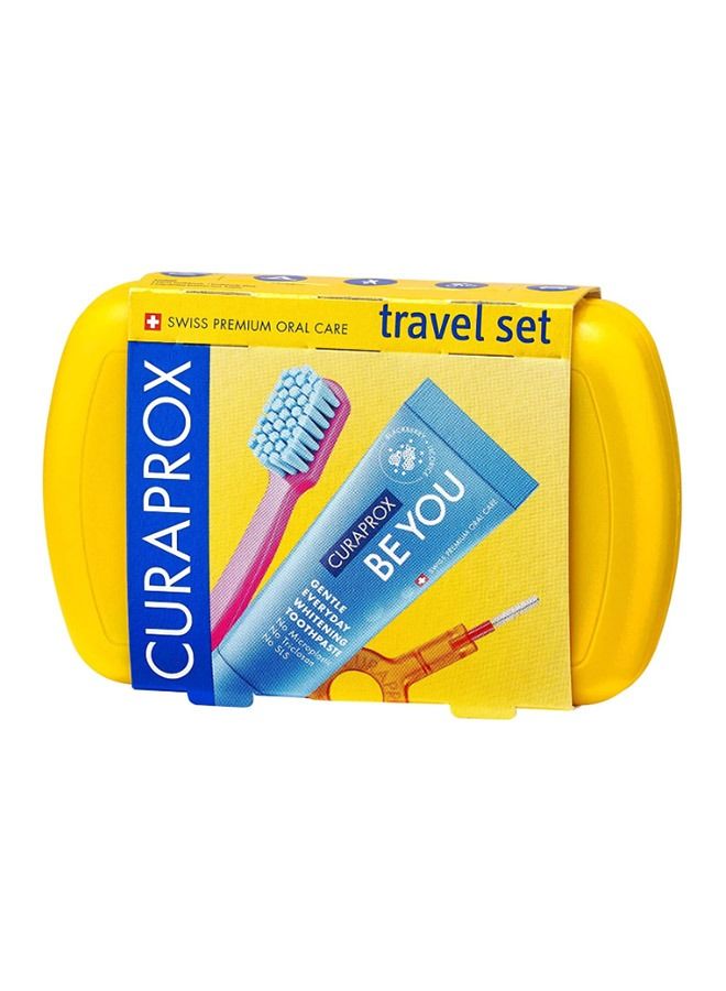 Curaprox Travel-Set Yellow. Set includes Travel Toothbrush CS 5460, 10ml Be You Toothpaste, Interdental Brush CPS prime 07, CPS prime 09.