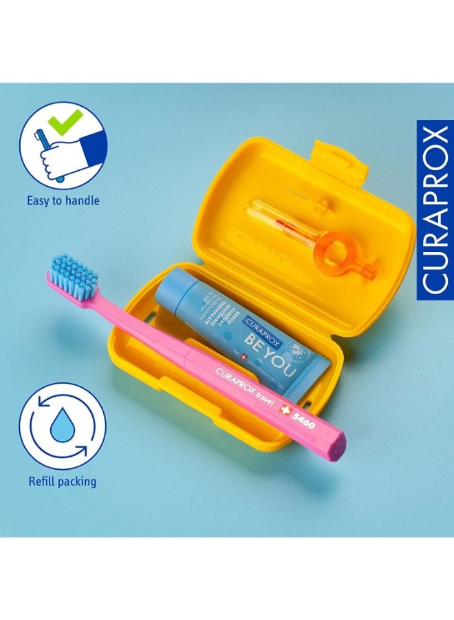 Curaprox Travel-Set Yellow. Set includes Travel Toothbrush CS 5460, 10ml Be You Toothpaste, Interdental Brush CPS prime 07, CPS prime 09.