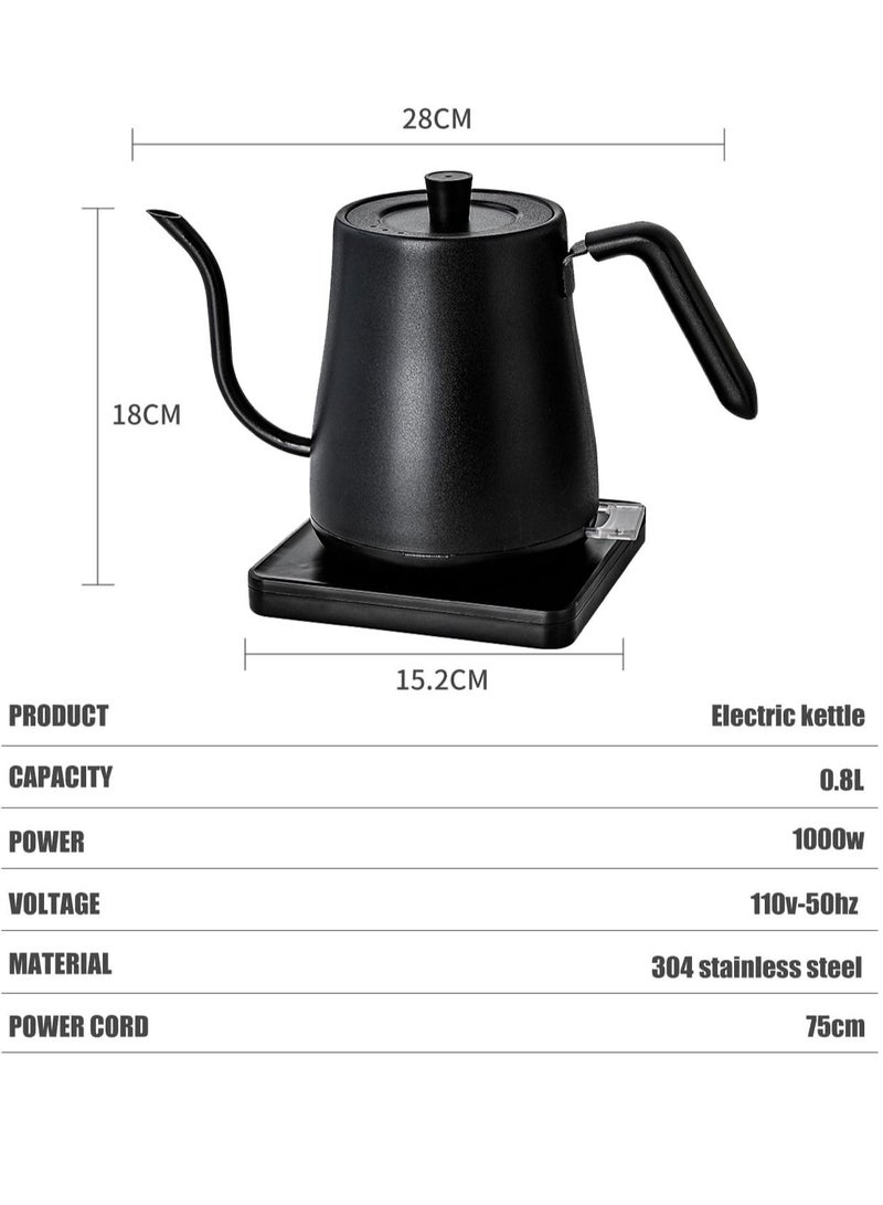 Electric Gooseneck Kettle Stainless Steel Electric Tea Kettle Fast Boiling Hot Water Kettle Pour-Over Coffee and Tea Kettle Auto Shutoff Leak-Proof Quick Heating Anti-dry 800ml  (Black)