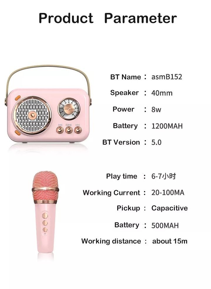 Portable Bluetooth Speaker with Microphone Set Pink