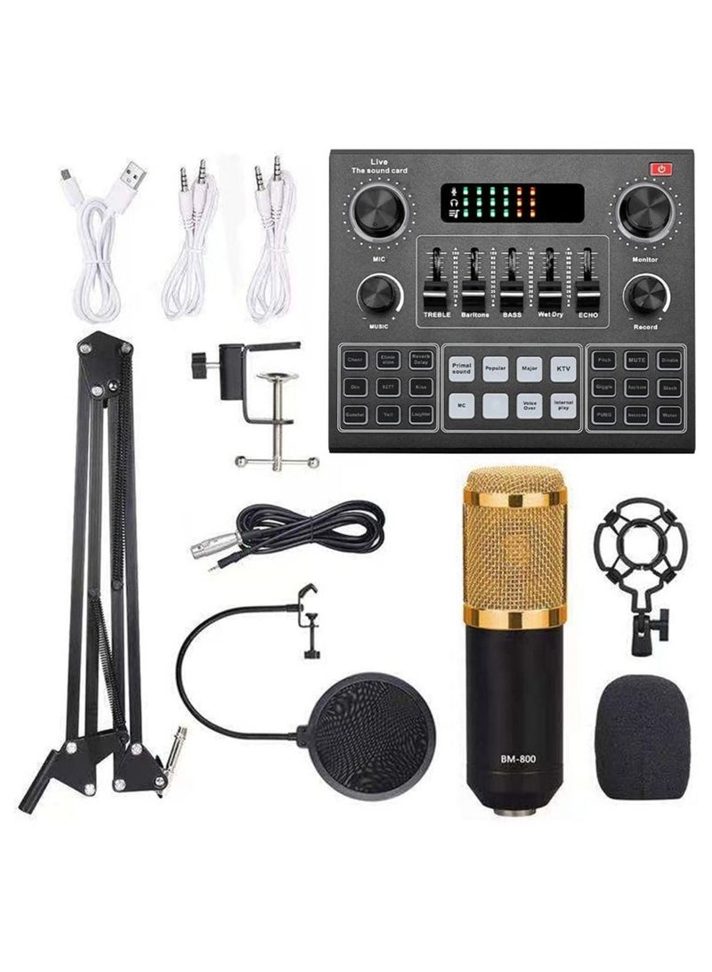 Multifunctional Live V9 Sound Card and BM800 Suspension Microphone Kit Broadcasting Condenser Microphone Set Intelligent Webcast Live Sound Card for Computers and Mobile