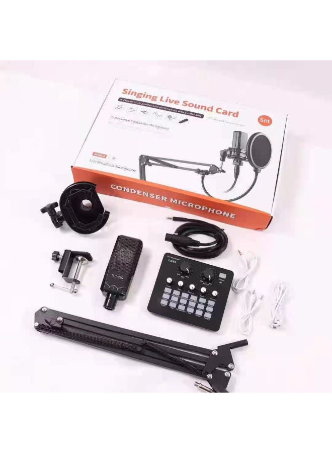 Recording Microphone Condenser Set with External Sound Card, Mic Windscreen, Shock Mount, Adjustable Suspension Scissor Arm Stand, Mounting Clamp