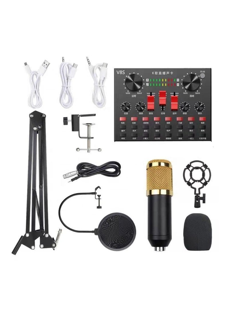 Professional Condenser Microphone With V8S Live Sound Card And Studio Recording Broadcasting Set Black/Gold