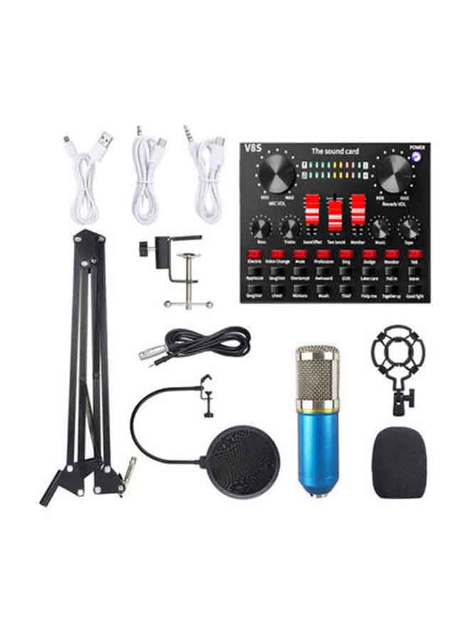 Professional Condenser Microphone With V8S Live Sound Card And Studio Recording Broadcasting Set Black/Blue
