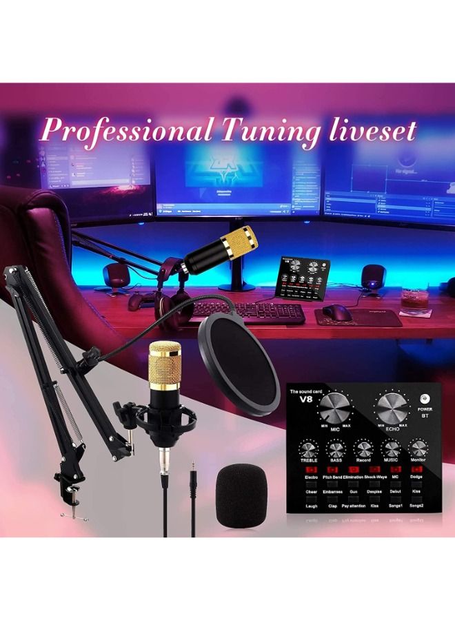 Portable condenser microphone set, V8 sound card, studio microphone, podcast recording, for Live Broadcast Live Sound Card Set Voice Changer