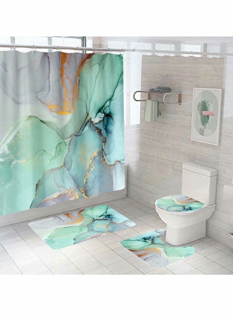 Shower Curtain Sets with Rugs, 4 Pcs Green Jade Abstract Texture Stripes Colorful Ink Paint - Machine Washable Digital Printing Bathroom Decor