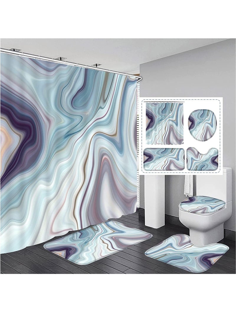 Shower Curtain Set Marble Shower Curtain Set 4Pcs with Rugs Toilet Lid Cover Bath Mat Purple Green Geometric Texture Shower Curtain with 12 Hooks Durable Waterproof Fabric for Bathroom (72 x 72)