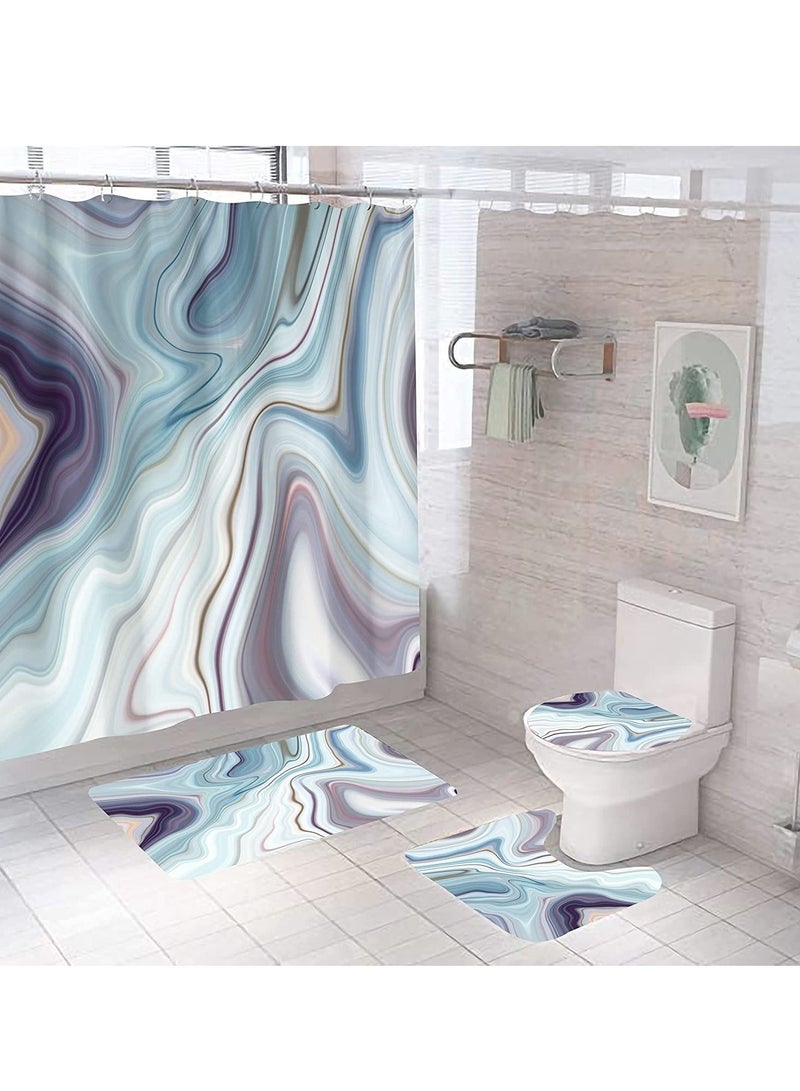 Shower Curtain Set Marble Shower Curtain Set 4Pcs with Rugs Toilet Lid Cover Bath Mat Purple Green Geometric Texture Shower Curtain with 12 Hooks Durable Waterproof Fabric for Bathroom (72 x 72)