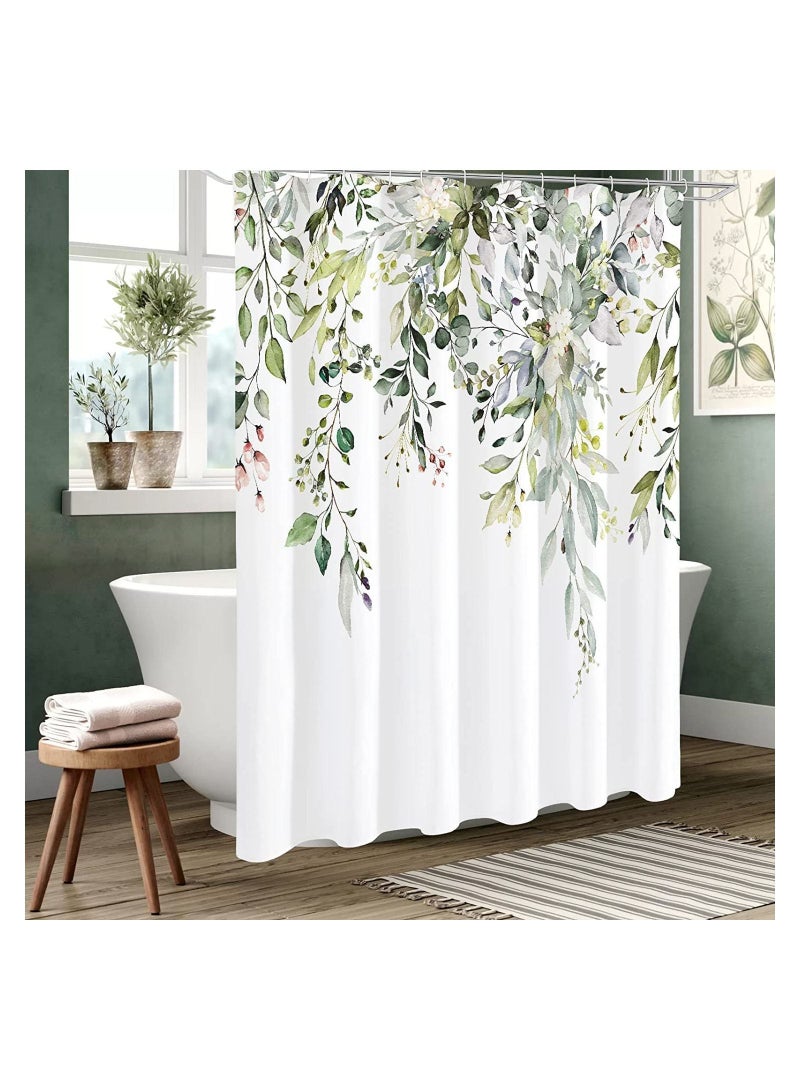 Shower Curtain, Green Eucalyptus Watercolor Plant Leaves with Floral Bathroom Decor Waterproof Fabric Curtain 12 Hooks, 72x72 Inch Bath Accessories Art Home (Green Eucalyptus)