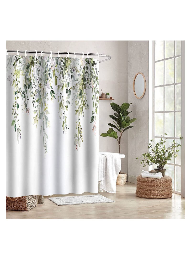 Shower Curtain, Green Eucalyptus Watercolor Plant Leaves with Floral Bathroom Decor Waterproof Fabric Curtain 12 Hooks, 72x72 Inch Bath Accessories Art Home (Green Eucalyptus)